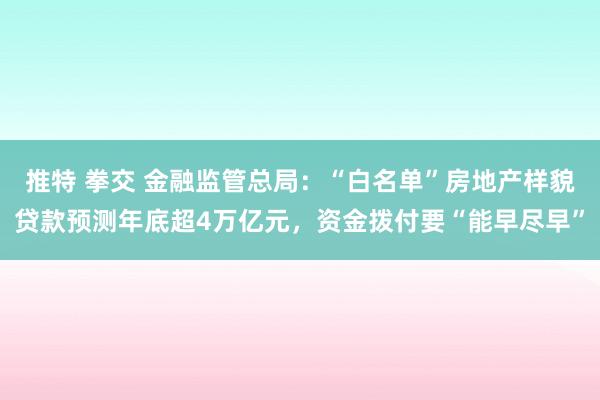 推特 拳交 金融监管总局：“白名单”房地产样貌贷款预测年底超4万亿元，资金拨付要“能早尽早”